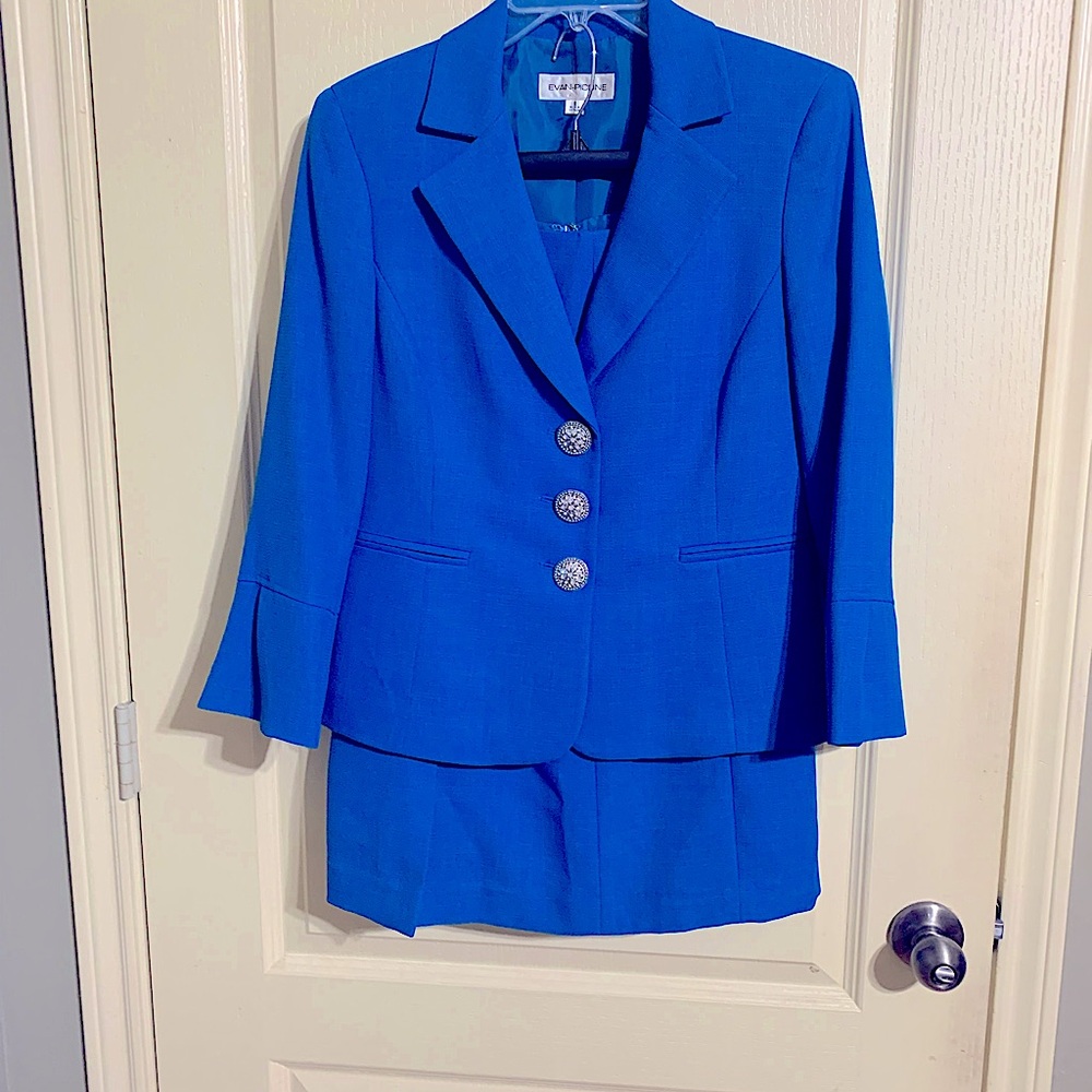 Womens Evan Picone size 8 Royal Blue skirt and Jacket silver rhinestone buttons